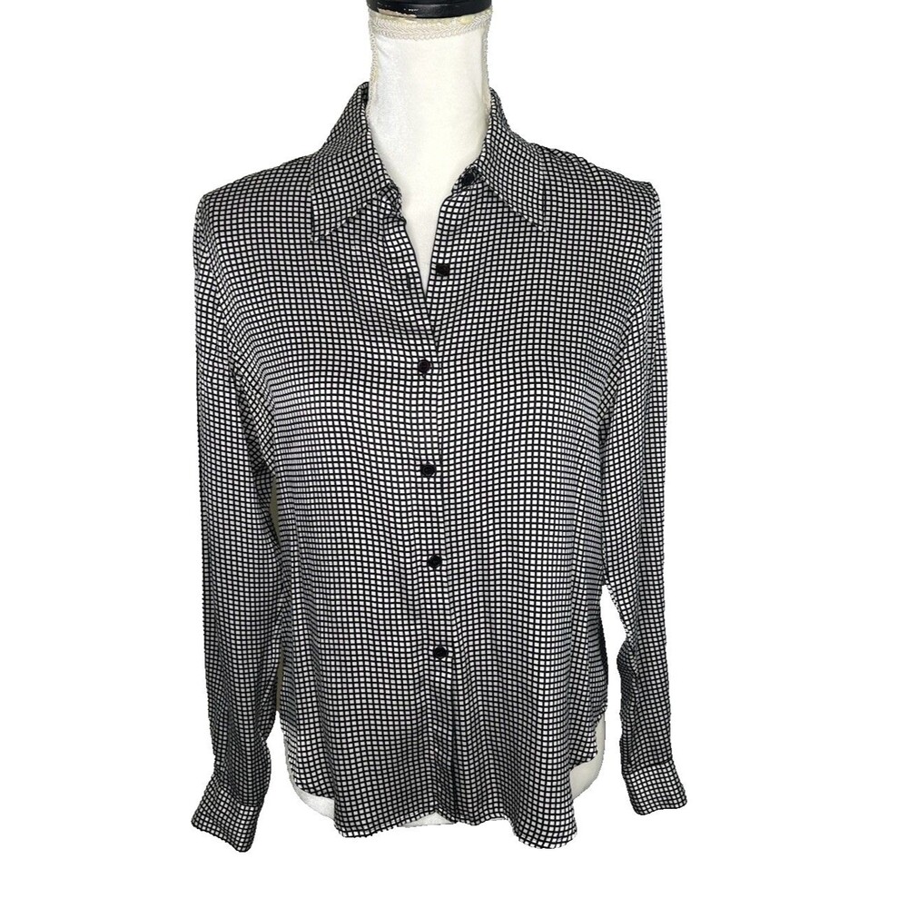 Casual Corner Annex Windowpane Silk Long Sleeve Office Business Casual Blouse -6